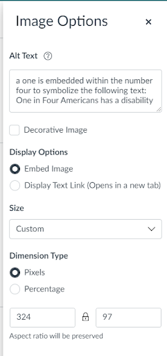 The image options view with settings to add alt text or mark the image as decorative and other settings for how the image is displayed on the page.